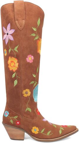 Dingo Womens Flower Power Embroidered Floral Snip Toe Casual Boots Over the Knee Mid Heel 2-3" - Brown in Saudi Arabia