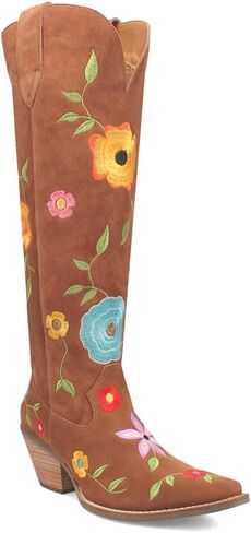 Dingo Womens Flower Power Embroidered Floral Snip Toe Casual Boots Over the Knee Mid Heel 2-3" - Brown in Saudi Arabia