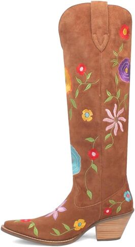 Dingo Womens Flower Power Embroidered Floral Snip Toe Casual Boots Over the Knee Mid Heel 2-3" - Brown in Saudi Arabia