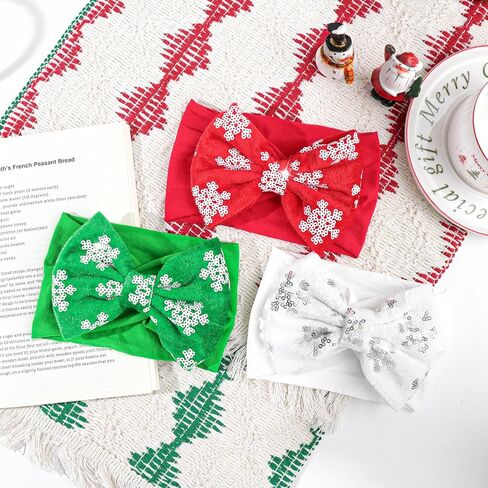 Christmas Hair Bows for Girls Red Green White Glitter Headbands Nylon Sequins Headband Bows Infant Toddler Christmas Hair Accessories in Kuwait