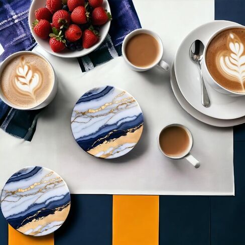 Coasters for Drinks,Blue Coasters with Holder Set of 6, Absorbent Drink Coasters for Coffee Table,Aesthetic Cork Coasters,Round Ceramic Table Coasters, Cool Coasters Set in Saudi Arabia
