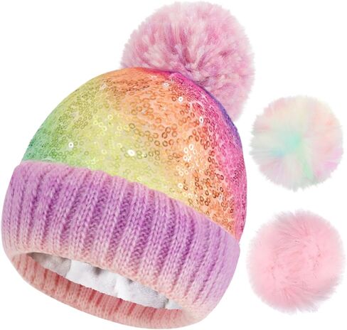 Kids Multicolor Sequins Beanie Hat, Detachable Pom Beanie Winter Knit Hat Skull Cap for Girls 2-6 Years (with 3 Poms) in Saudi Arabia