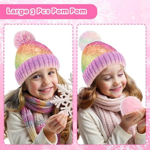Kids Multicolor Sequins Beanie Hat, Detachable Pom Beanie Winter Knit Hat Skull Cap for Girls 2-6 Years (with 3 Poms) in Saudi Arabia