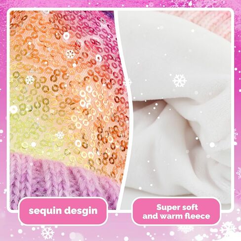 Kids Multicolor Sequins Beanie Hat, Detachable Pom Beanie Winter Knit Hat Skull Cap for Girls 2-6 Years (with 3 Poms) in Saudi Arabia
