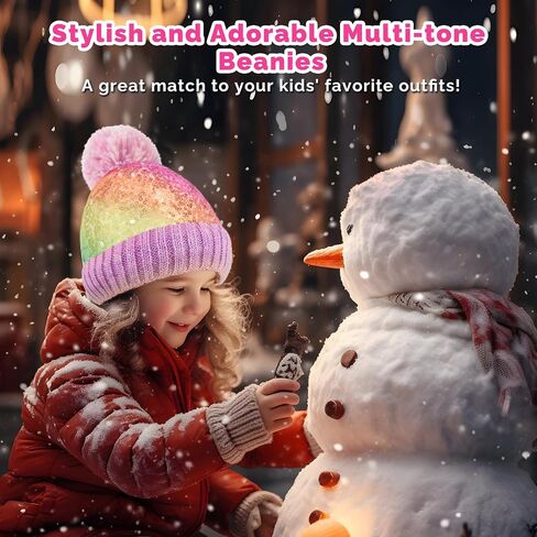 Kids Multicolor Sequins Beanie Hat, Detachable Pom Beanie Winter Knit Hat Skull Cap for Girls 2-6 Years (with 3 Poms) in Saudi Arabia