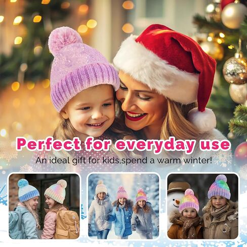 Kids Multicolor Sequins Beanie Hat, Detachable Pom Beanie Winter Knit Hat Skull Cap for Girls 2-6 Years (with 3 Poms) in Saudi Arabia