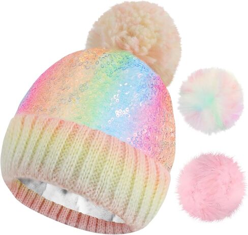 Kids Multicolor Sequins Beanie Hat, Detachable Pom Beanie Winter Knit Hat Skull Cap for Girls 2-6 Years (with 3 Poms) in Saudi Arabia