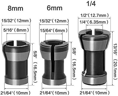 3 قطع تشكيلة تشاك (6 ملم 6.35 ملم، 8 ملم) مجموعة راوتر كوليت 6 ملم 6.35 ملم 8 ملم محول رؤوس تشاك للمثاقب والنقش والتشذيب آلة نحت جهاز التوجيه الكهربائي قاطع الطحن أداة النجارة in Kuwait
