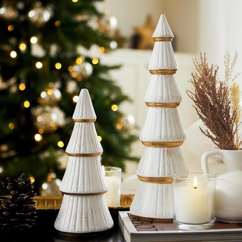 WONDROUS' DECO Wooden Christmas Tree Figurine, Tabletop Gold Tree Figurine, Set of 2 Desk Centerpieces for Christmas Decor in Saudi Arabia