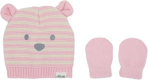 Little Me Cute Pink Striped Bear Newborn/Infant Beanie and Mittens Set in Saudi Arabia