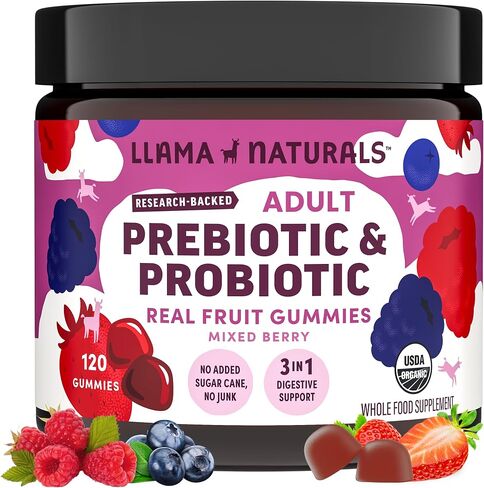 Llama Naturals Real Fruit Prebiotic & Probiotic Gummies for Adults | No Added Sugar Cane,| Vegan Organic Synbiotics, Digestive Support, Women & Men Gut Health, 5B CFU, 60 ct (30 Days) Mixed Berry in Saudi Arabia