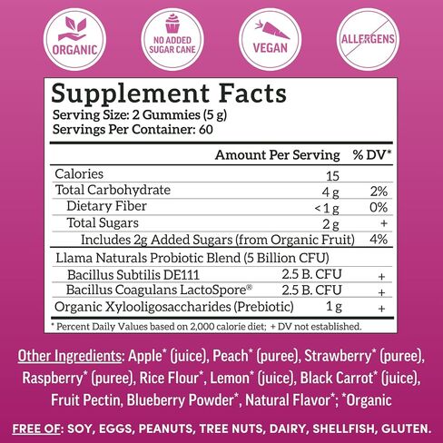 Llama Naturals Real Fruit Prebiotic & Probiotic Gummies for Adults | No Added Sugar Cane,| Vegan Organic Synbiotics, Digestive Support, Women & Men Gut Health, 5B CFU, 60 ct (30 Days) Mixed Berry in Saudi Arabia