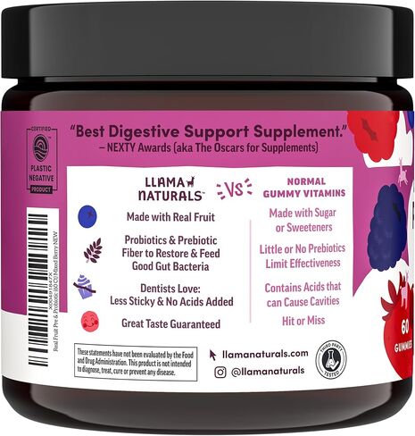 Llama Naturals Real Fruit Prebiotic & Probiotic Gummies for Adults | No Added Sugar Cane,| Vegan Organic Synbiotics, Digestive Support, Women & Men Gut Health, 5B CFU, 60 ct (30 Days) Mixed Berry in Saudi Arabia