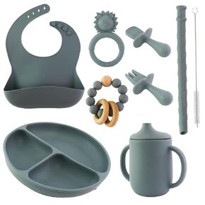Antarez Baby Feeding Set, Baby Led Weaning Supplies, Silicone - Suction Divide Plate, Silicone - Utensils, Silicone - Adjustable Bib Catcher, Silicone - Training Sippy Cup