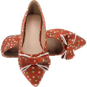 Pointy Toe Dressy Flats Shoes for Women Comfortable, Adorable Embroidered Bows, Red Cushioned Dance Shoes for Christmas