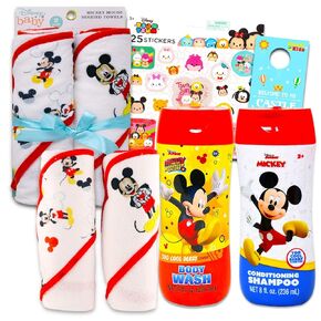 مجموعة هدايا استحمام الطفل ميكي ماوس - حزمة إكسسوارات ميكي للأطفال مع منشفتين بغطاء للرأس، شامبو، غسول للجسم، ملصقات، المزيد | ميكي بيبي أساسيات للحمام in Kuwait