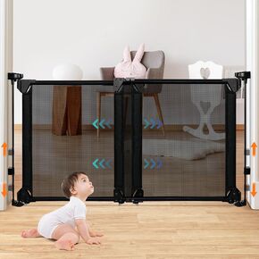 34-55" Adjustable Width Baby Gate, Foldable Extra Wide Baby Gate, Metal Frame, Dual Openings, No Bottom Bar Baby Gate for Stairs, Doorways, Hallways, Porches, Decks, Mesh Baby Gate Child Gate Dog Gate