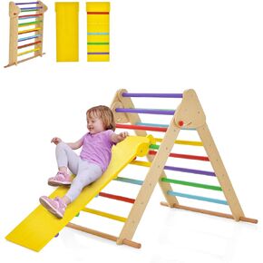 HONEY JOY Triangle Climber with Ramp, 2-in-1 Indoor Toddler Climbing Triangle Set with Ladder & Slide, Foldable Wooden Kids Climbing Toys for Playground, Gym & Daycare, Gift for Boys Girls (Colorful)