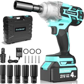 Power Cordless Impact Wrench - 1/2 inch 21V Brushless Impact Gun Max Torque 445 Ft-lbs (600N.m), Electric Impact Wrenches with 4.0Ah Li-ion Battery & Fast Charger (Light Blue)