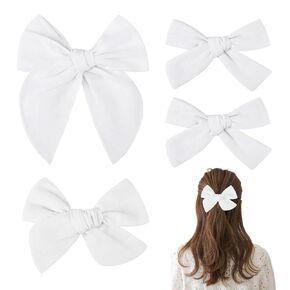4 Pcs White Hair Bows for Girls, 3 Styles Cotton Linen Handmade Hair Bows, Baby Bow Clips, Little Girl Bows, Big White Bow, 4" and 5" Knot Bows Hair Accessories Set for Girls Women (White)