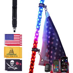 2PCS 5FT LED Whip Lights with Built-in Spring Base, LED Whip Lights with App & Remote Control, 360° Spiral Chasing Lighted Whip with Rocker Switch for UTV, ATV, SXS, Polaris RZR, Can-am
