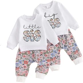Omkzanbi Big Sister Little Sister Matching Outfit Big Lil Sis Sweatshirt Retro Floral Jogger Pants 2Pcs Toddler Fall Clothes