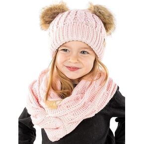 Matching 2 Pack: Kids Double Pom Beanie Hat & Scarf Bundle - Pale Pink/Faux Fur Poms