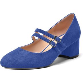 ROSERWISH Womens Comfortable Cute Round Toe Two Straps Party Suede Chunky Low Heel Pumps Dress Shoes 2 Inch