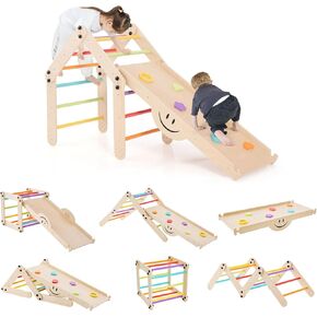 HONEY JOY Climbing Toys for Toddlers, 10 in 1 Foldable Wooden Pikler Triangle Set, Double Side Ramp & Climber, Seesaw, 2-Piece Learning Indoor Montessori Climbing Ladder Gym for Kids Boys Girls
