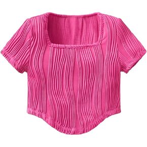SweatyRocks Girl's Square Neck Textured Tee Shirt Short Sleeve Asymmetrical Hem Solid Crop Tops