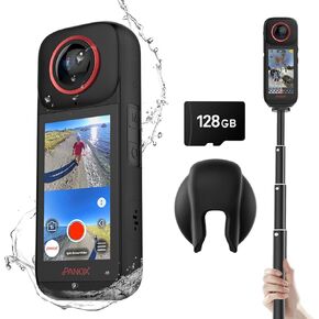 V3 Waterproof 8K Video 360 Action Camera Split-Screen Shooting ＆ in-Camera Editing,Stabilization,3.0-inch Display,Invisible Selfie Stick, Removable Lens Guards,Micro SD Card for Sports, Travel