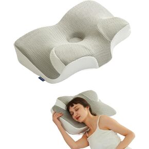 Cervical Neck Pillow for Pain Relief, Contour Memory Foam Pillows for Sleeping, Ergonomic Neck Support Pillow, Suitable for Side Back Stomach Sleepers with Cooling Pillowcase, Grey
