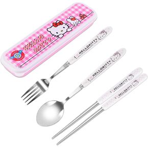 Kawaii Kitty Print Portable Utensils with Case Cartoon Reusable Flatware Set Chopsticks Fork Spoon Set for Travel Picnic (CJ Ku 2404), Middle, Pink