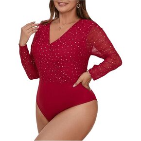 MakeMeChic Women's Plus Size Sheer Mesh Sequin Glitter Bodysuit Long Sleeve See Through V Neck Shirt Tops
