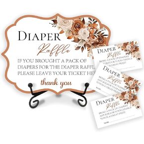 Boho Baby Shower Diaper Raffle Wooden Sign Set, Bohemia Floral Wooden Sign With Self-Stand Support & 50 Diaper Raffle Tickets For Baby Shower, Baby Announcement, Gender Reveal, Party Supplies - A02
