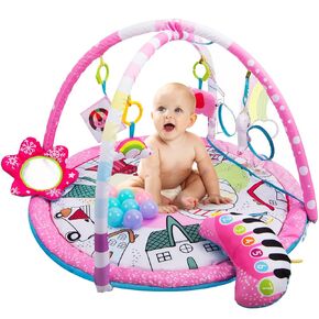 Amagoing Baby Gym Play Mat,4-in-1 Infant Activity Gym with 6 Detachable Toys & Ball Pit for Toddler Sensory and Motor Skill Development Discovery, Newborn Essential Gifts for 0-12 Months Baby Girl Boy