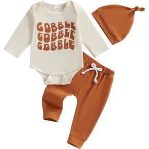 Newborn Baby Boy Thanksgiving Outfit Gobble Long Sleeve Romper Bodysuit Turkey Jogger Pants Hat Set 3Pcs Clothes