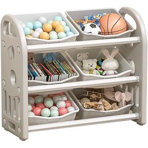 Toy Storage Cabinet Unit Organizer, Plastic Storage Rack with 6 Bins for Children Playroom, Multi-functional Storage Organizer for Livingroom, Bedroom (Grey)