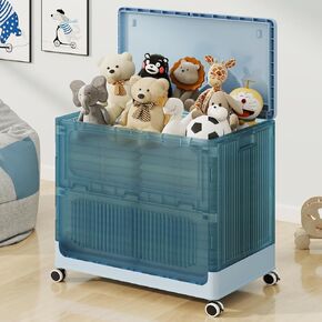 Large Toy Box Chest with Lid, 135Qt Collapsible Sturdy Plastic Toy Storage Organizer Boxes Bins Baskets for Kids, Boys, Girls, Nursery, Playroom (Ttransparent Blue)