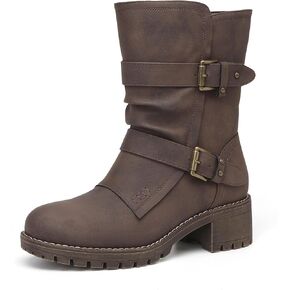 DECARSDZ Women's Motorcycle Boots Mid Calf PU Leather Biker Boots - Stylish Women's Black Brown Riding Boots for Motorcycle, Combat, and Festival