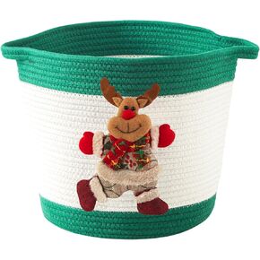 Christmas Basket with Reindeer Doll, Woven Cotton Rope Christmas Storage Basket for Gifts Empty, Christmas Toy Baskets for Baby Towels, Diapers, Christmas Gifts Basket Empty, Green