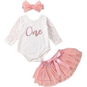 Baby Girl 1st/2 Birthday long-sleeved Outfits ONE Cotton Romper TuTu Skirt Set with Sequins Bowknot Headband