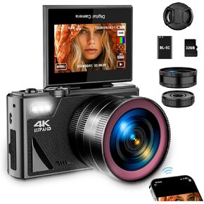 4K Digital Camera for Photography, WiFi Autofocus 64MP Vlogging Camera for YouTube with Super Wide-Angle & Macro Lens, 3" 180° Flip Screen, Video Compact Travel Camera for Beginner, Black