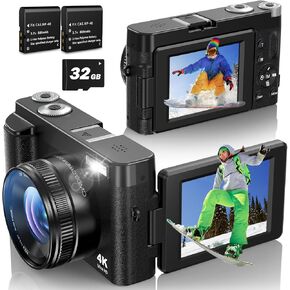 4K Digital Camera for Photography Autofocus, 48MP Vlogging Camera with Flash Anti-Shake, 3'' 180° Flip Screen Compact Travel Camera 16X Zoom Digital Camera for Teens with 32G Card, Battery Charger