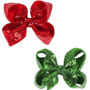 2PCS Christmas Hair Bows Clips for Girls - 5 Inches Red Green Cheer Bows Sparkly Glitter Sequin Hair Bows Clips Christmas Hair Accessory for Women Girls Toddlers Kids (B)