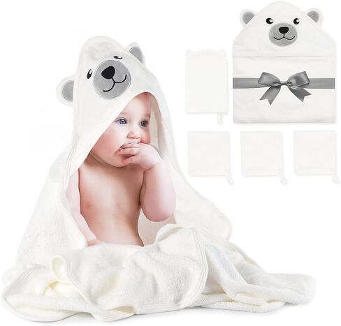 Momcozy Baby Hooded Towel,Baby Towel with Hood and Baby Washcloth|Baby Bath Glove, Extremely Soft, Breathable, Suitable for Newborn in Saudi Arabia