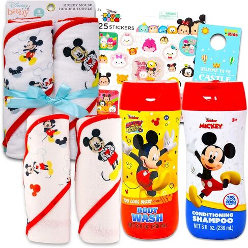 مجموعة هدايا استحمام الطفل ميكي ماوس - حزمة إكسسوارات ميكي للأطفال مع منشفتين بغطاء للرأس، شامبو، غسول للجسم، ملصقات، المزيد | ميكي بيبي أساسيات للحمام in Kuwait