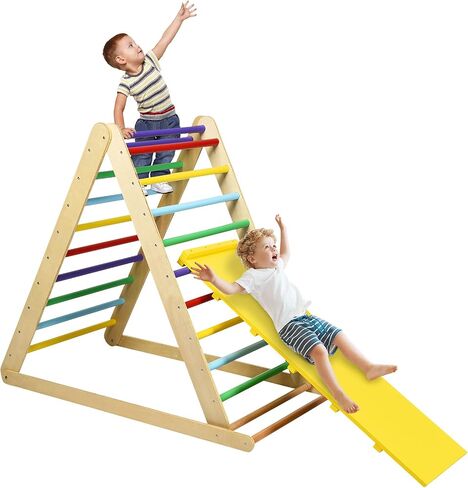 HONEY JOY Triangle Climber with Ramp, 2-in-1 Indoor Toddler Climbing Triangle Set with Ladder & Slide, Foldable Wooden Kids Climbing Toys for Playground, Gym & Daycare, Gift for Boys Girls (Colorful) in Kuwait