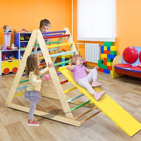 HONEY JOY Triangle Climber with Ramp, 2-in-1 Indoor Toddler Climbing Triangle Set with Ladder & Slide, Foldable Wooden Kids Climbing Toys for Playground, Gym & Daycare, Gift for Boys Girls (Colorful) in Kuwait