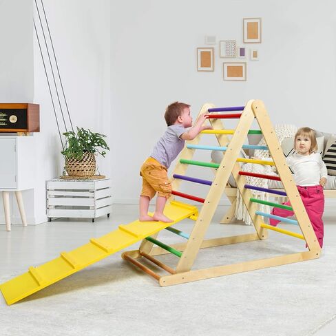 HONEY JOY Triangle Climber with Ramp, 2-in-1 Indoor Toddler Climbing Triangle Set with Ladder & Slide, Foldable Wooden Kids Climbing Toys for Playground, Gym & Daycare, Gift for Boys Girls (Colorful) in Kuwait